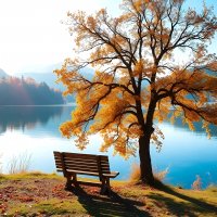 Пейзаж,осень,дерево,скамейка,водоем.06