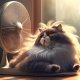 Cute-fluffy-cat-enjoying-breeze-from-tabletop-fan-indoors-he