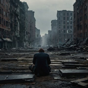 Default Lonely man against the backdrop of a fallen city 0