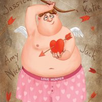 Valentine's Day greeting card, funny cupid with bow an