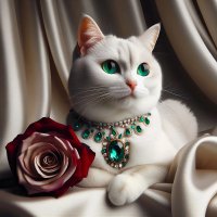 Кошка,белая,глаза зеленые,украшения,роза.10