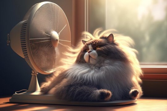 Cute-fluffy-cat-enjoying-breeze-from-tabletop-fan-indoors-he